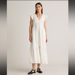 NWT Organic Textured Cotton Smocked V-Neck Midi Dress - White